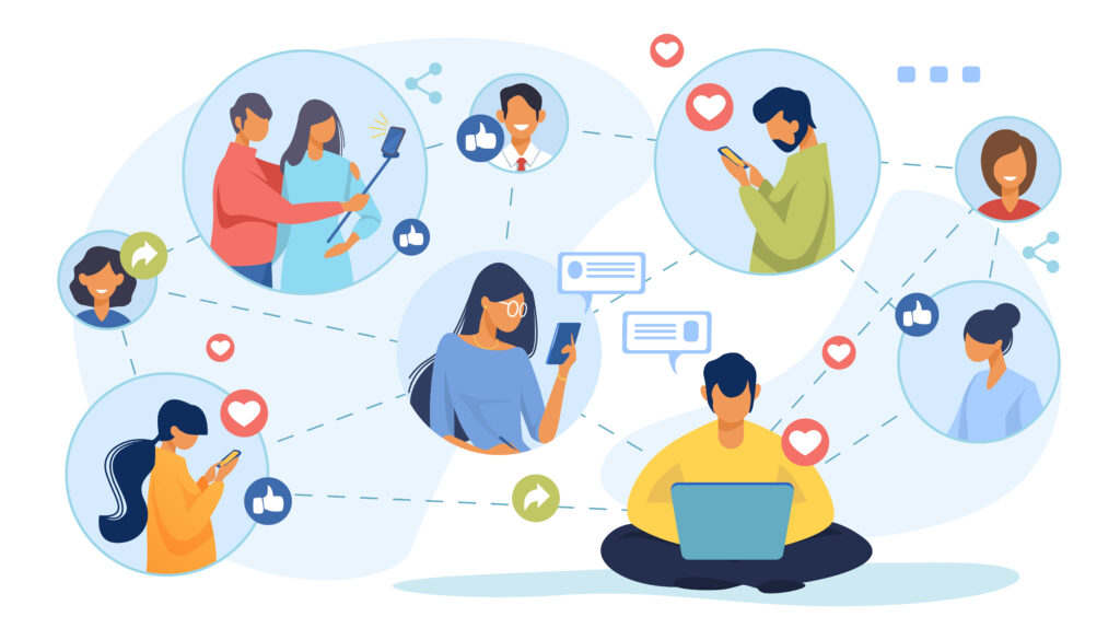 Illustration of people engaging in social media marketing activities like posting, liking, and sharing content across a connected digital network.