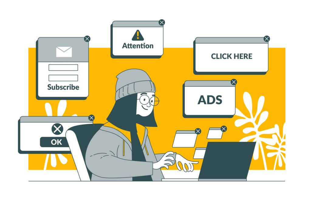 Illustration of a person at a laptop surrounded by multiple pop-up elements symbolizing Google Ads, conversions, and online promotions.