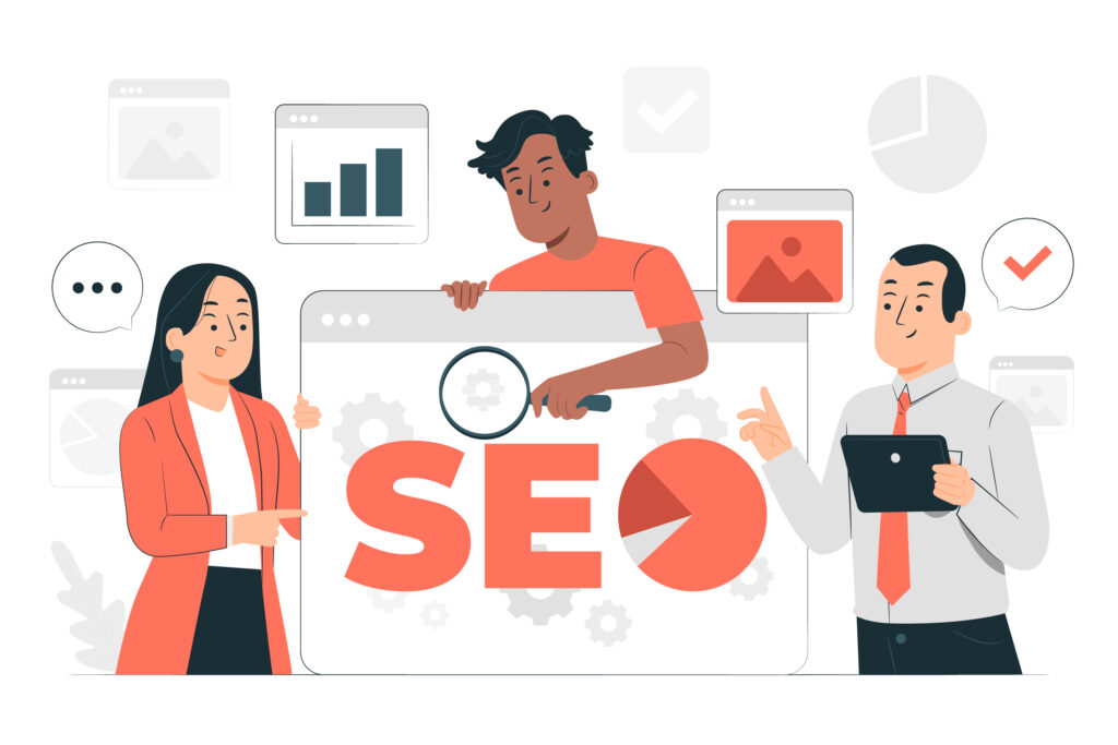 Illustration of a team analyzing SEO strategies with a large browser window, magnifying glass, and graphs.