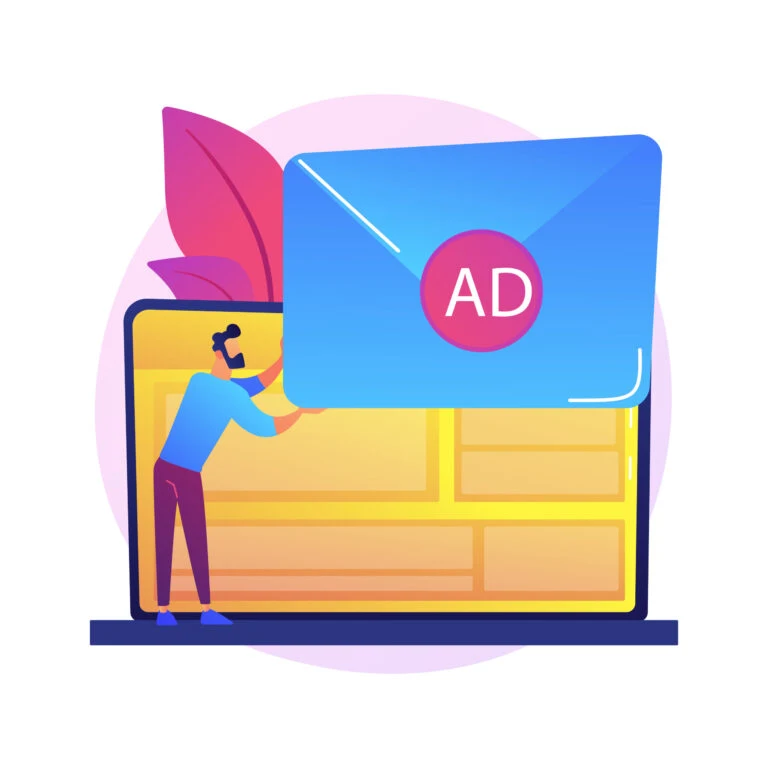 Illustration of a marketer placing an ad on a digital screen, symbolizing online advertising and paid marketing strategies.